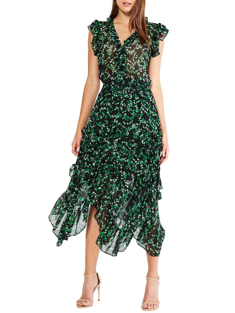 Misa Ophelia Dakota Green Mini Blooms Floral Ruffle Midi Dress -Nwt